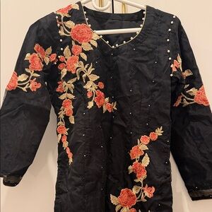 Indian Summer Black Long Sleeve Dress with Red and Gold Floral Embroidery